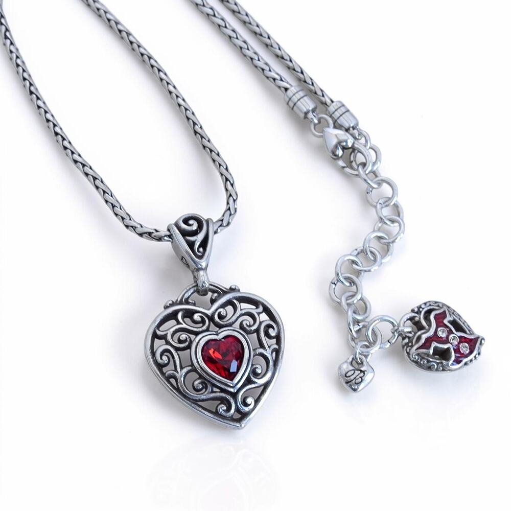 Vintage Brighton Go Red Love Your Heart Pendant Necklace Red Crystal Filigree